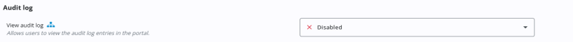 Audit log permissions. It shows the View audit log permission, described as allowing users to view audit log entries in the portal. The permission is marked with a blue account-level icon and is currently set to Disabled, indicated by a red "X" and a drop-down menu.